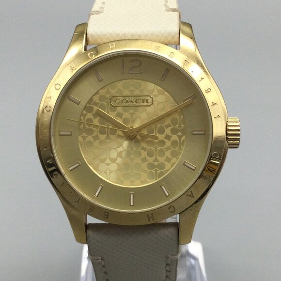 Coach Maddy Watch Women 36mm Gold Tone Leather Band New Battery - Picture 1 of 16